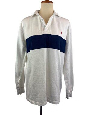 Vintage Ralph Lauren Rugby Long Sleeve Polo Shirt White & Navy Stripe Cotton S M